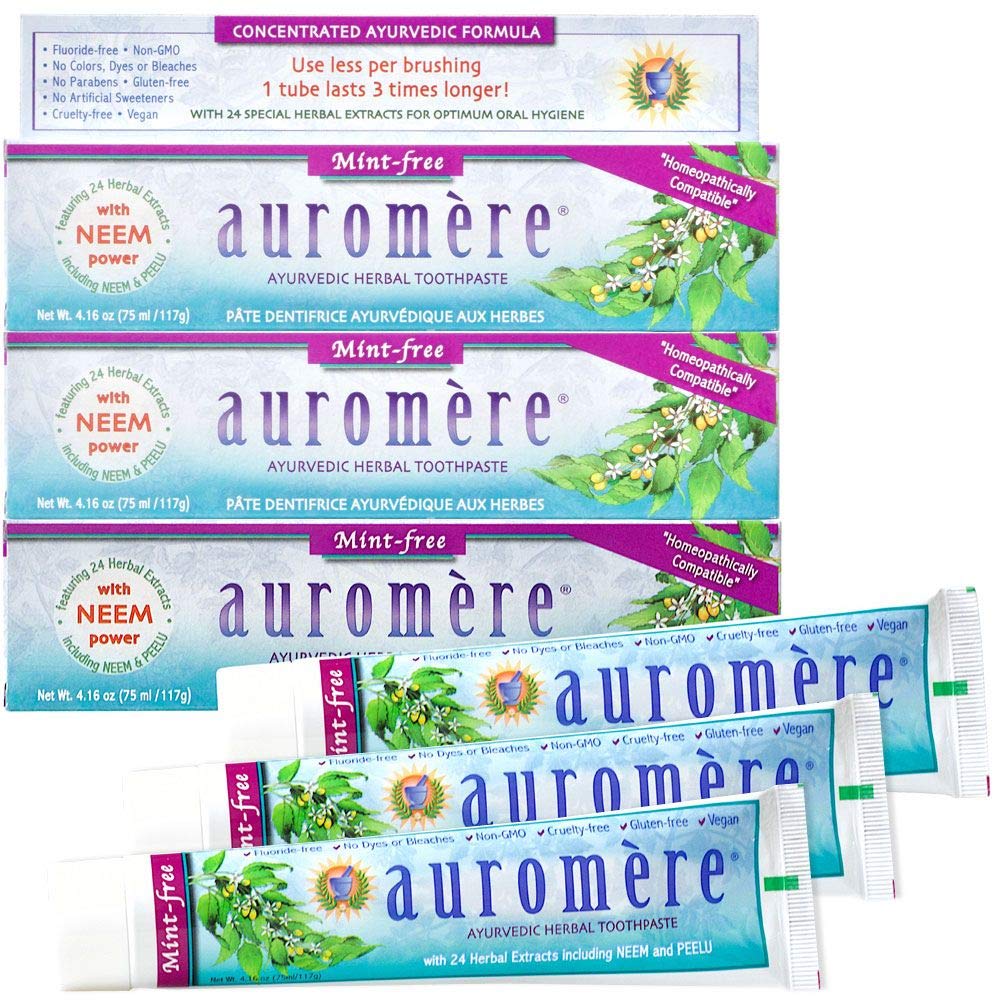 Auromere Ayurvedic Herbal Toothpaste Mint Free 3 Pack tube with Neem and Peelu