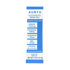 Auryu Electrolyte Mix ingredients chart emphasizes salts and B vitamins for energy and function.