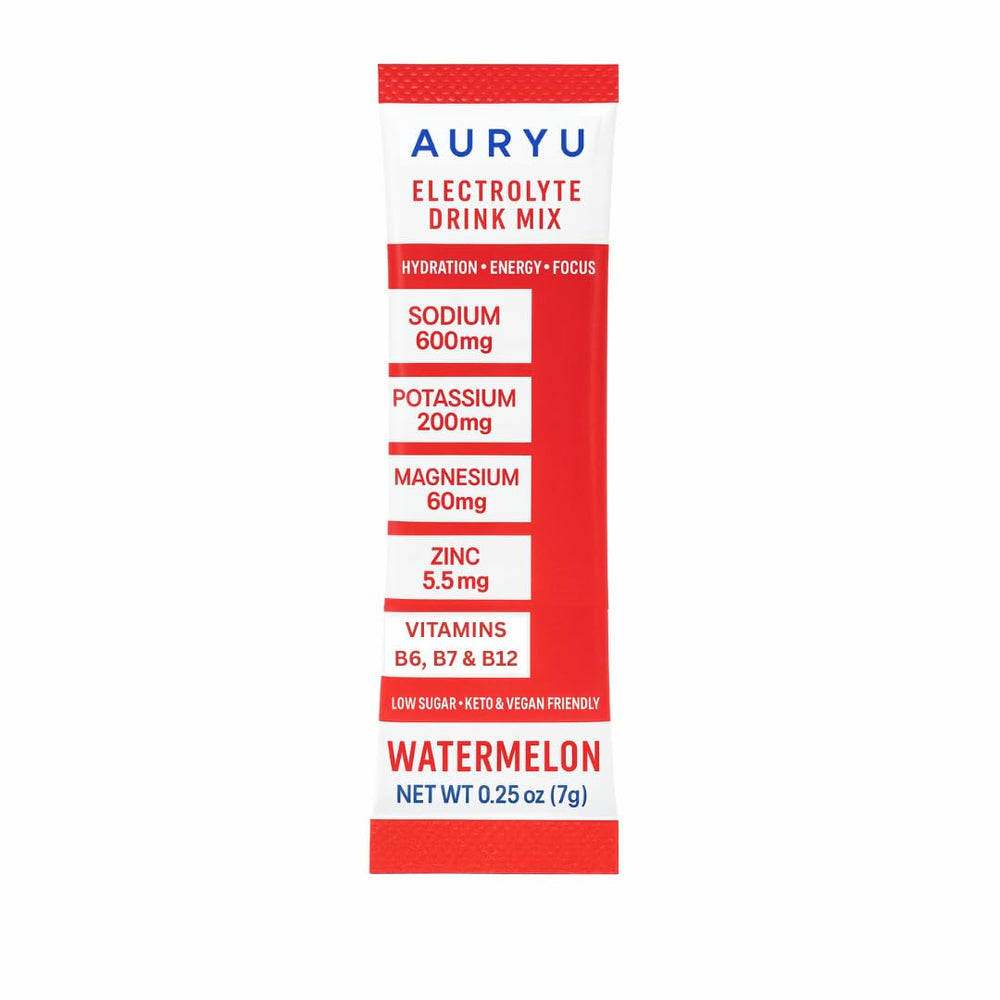 Auryu Electrolyte Mix Watermelon ingredient panel with zinc and B vitamins.
