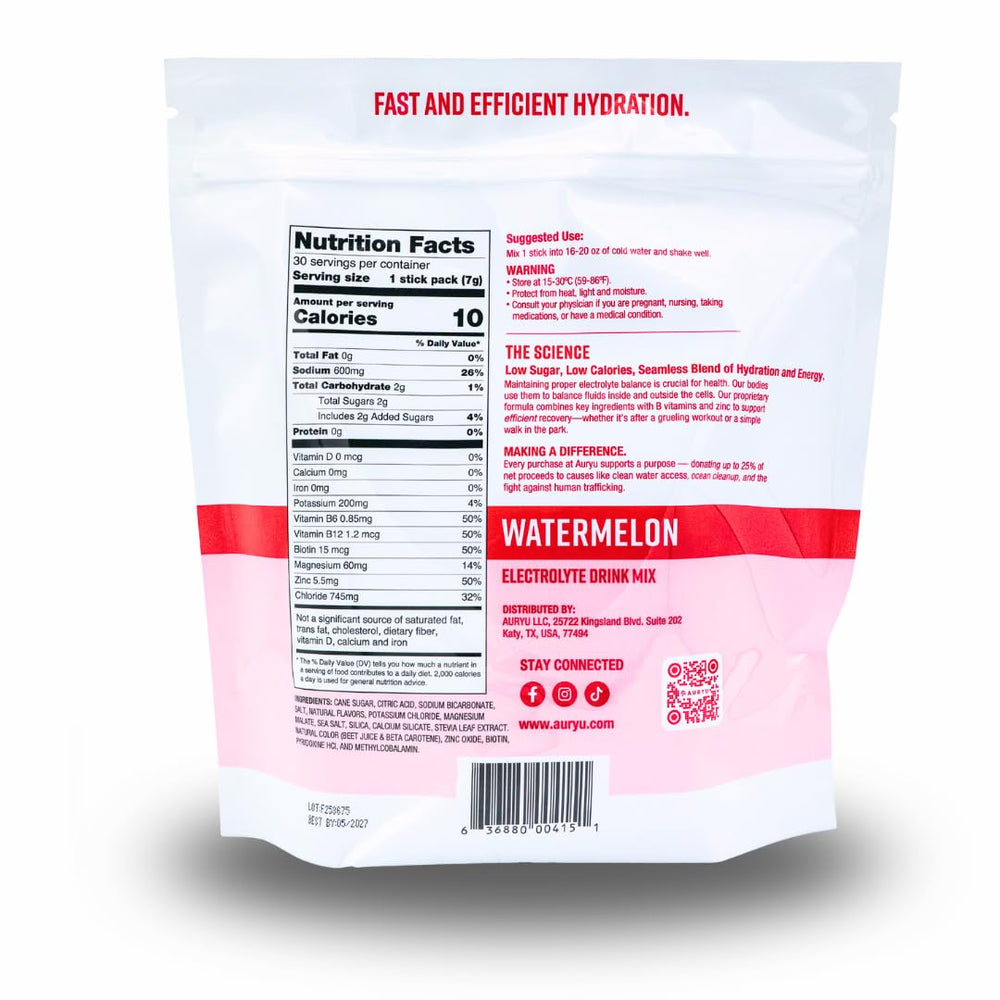 Auryu Electrolyte Mix Watermelon scoop close-up highlighting balanced minerals.