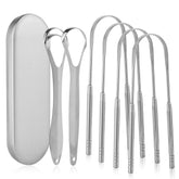 Six Aussumy tongue scrapers with travel case arranged together