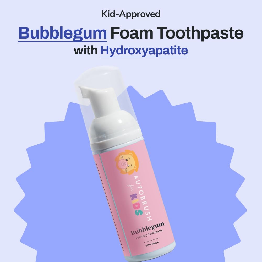 Close-up of dispensing autobrush foaming toothpaste for kids bubblegum flavor
