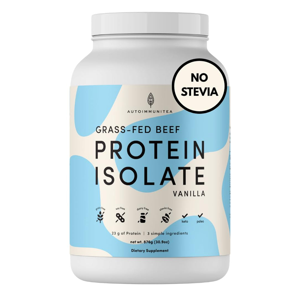 Autoimmuni-Tea grass-fed beef protein tub highlights premium protein for nutrition