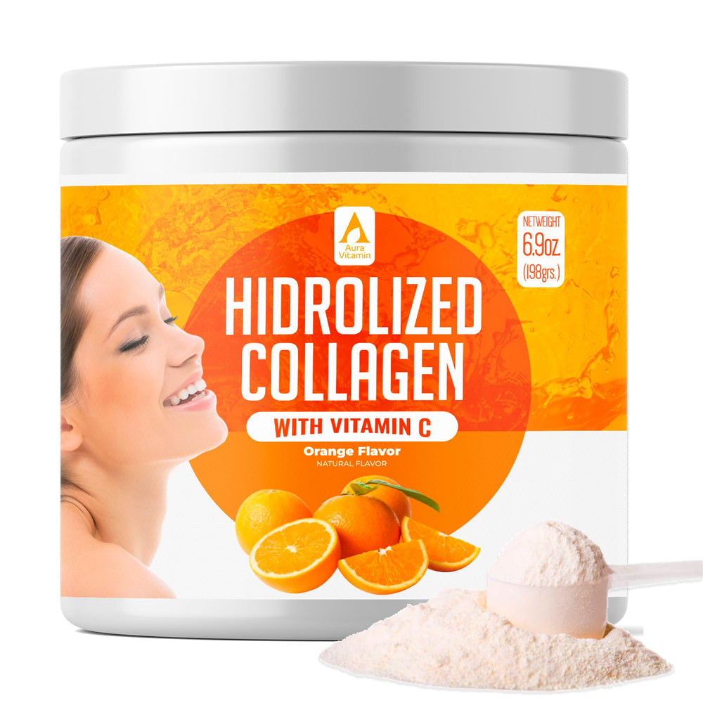 Bottle of AV Orange Hydrolyzed Grass-Fed Collagen with Vitamin C, 198g