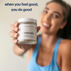 Premium glass jar with Elevate packaging on white backdrop