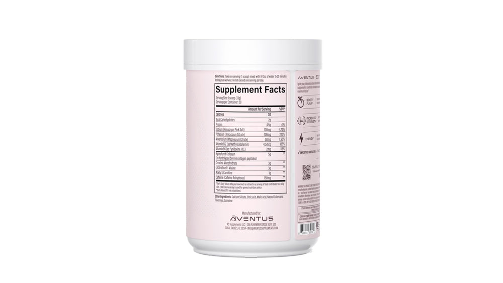 Aventus Booty Pump scoop beside the label demonstrates easy pre-workout dosing.