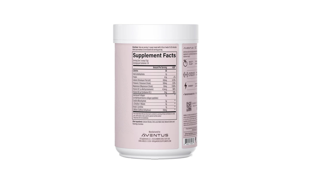 Aventus Booty Pump scoop beside bottle for quick pre-workout fueling.