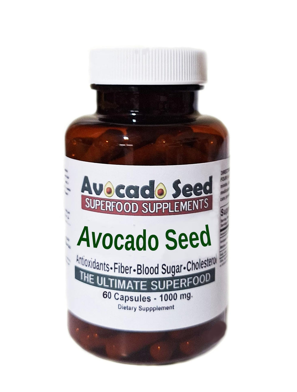 Lifestyle image featuring avocado seed powder capsules and healthy foods