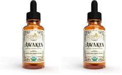 Front label view of Awaken 2 oz glass bottle by Khroma Herbs