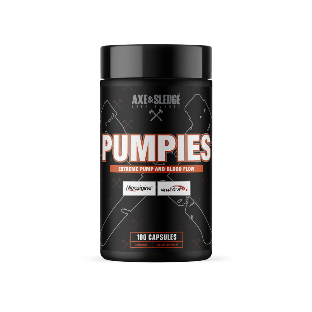 Axe & Sledge PUMPIES bottle close-up highlighting nitric oxide support for workouts.