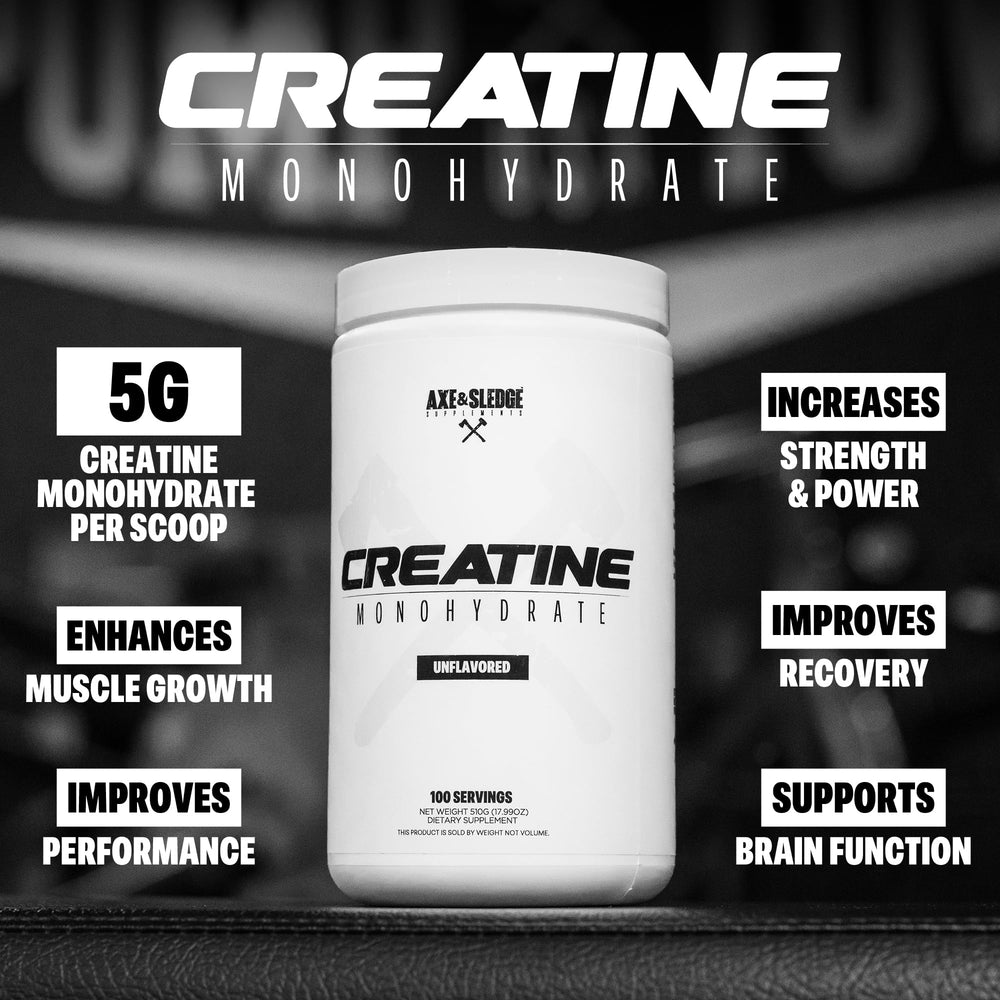 Container label for Axe & Sledge Basics Creatine showing 50 servings