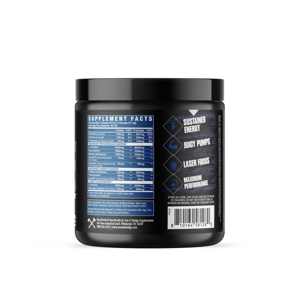 Axe & Sledge Intake measuring scoop highlights precise dosing for steady energy.