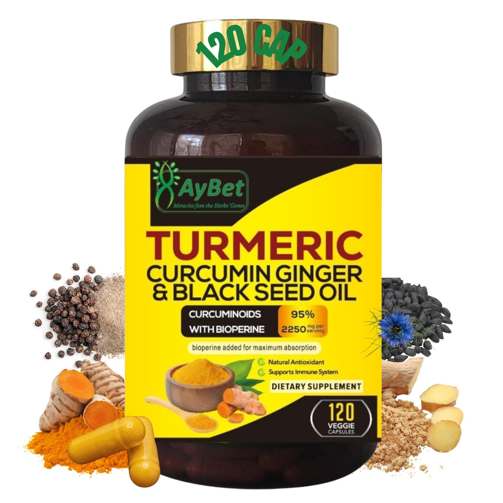 AyBet Turmeric Curcumin Ginger and Black Seed Oil Capsules - 120 Caps, 2250mg