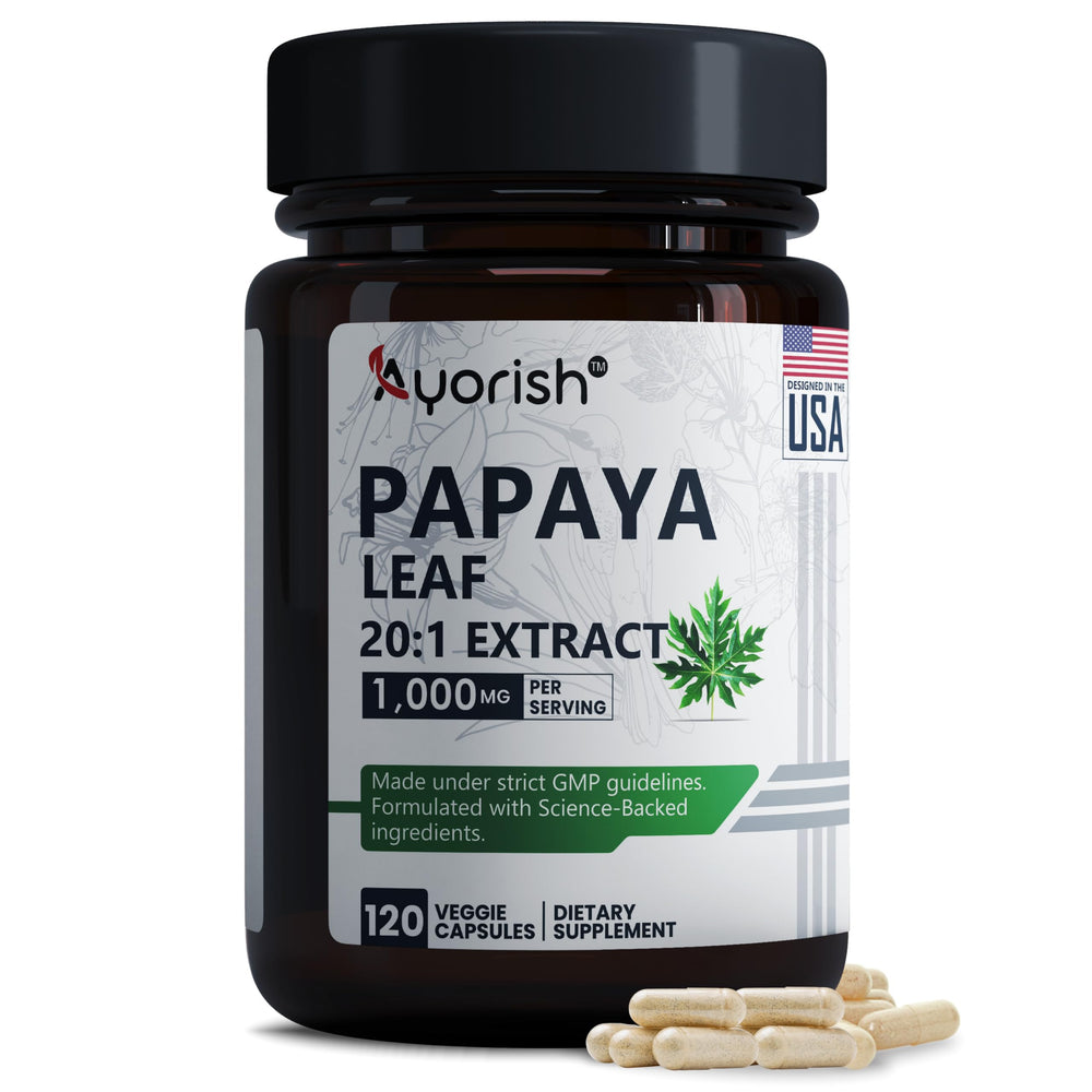 Ayorish Papaya Leaf Extract bottle and capsules on white