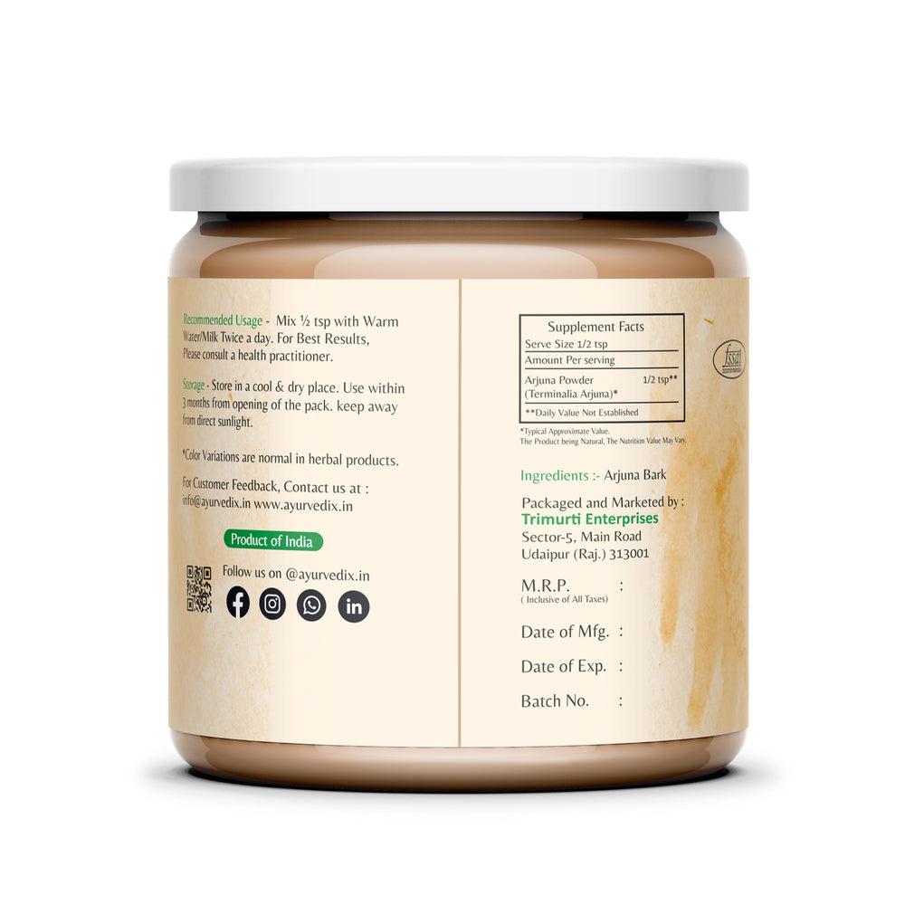 Organic Arjuna bark powder texture close-up in jar