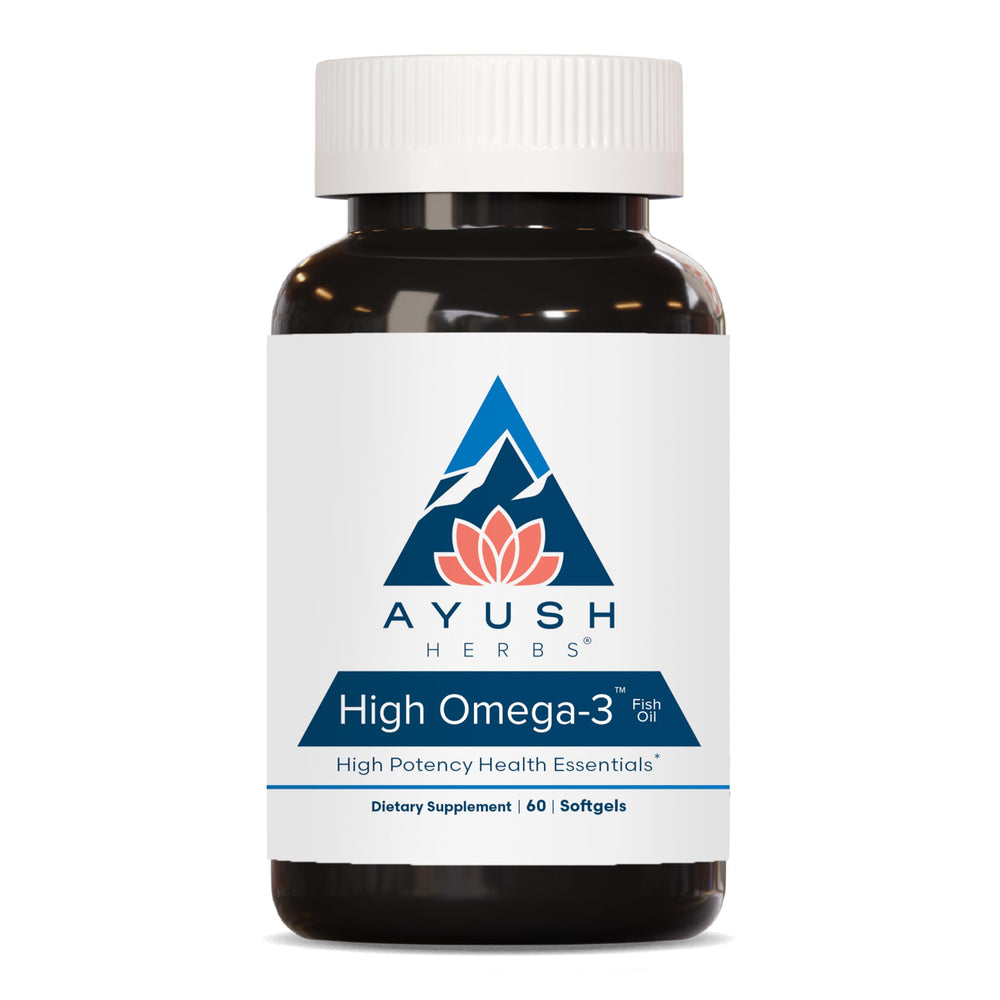 Ayush Herbs High Omega 3 bottle with lemon-flavored softgels