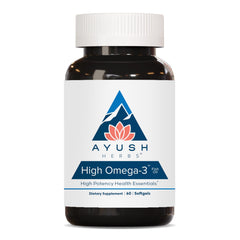 Ayush Herbs High Omega 3 bottle with lemon-flavored softgels
