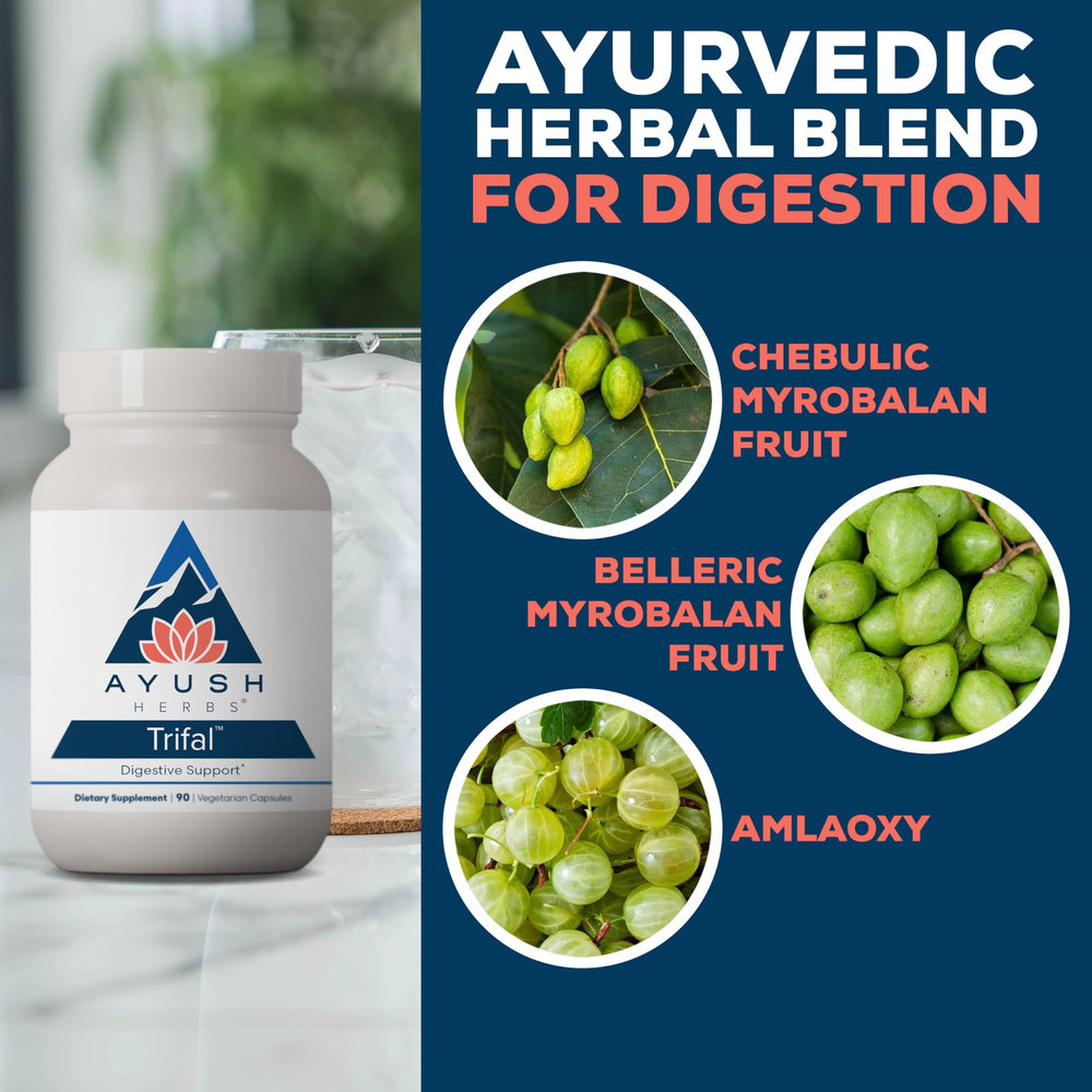 Ayush Herbs Trifal capsules closeup reveals a plant-based digestive support supplement.