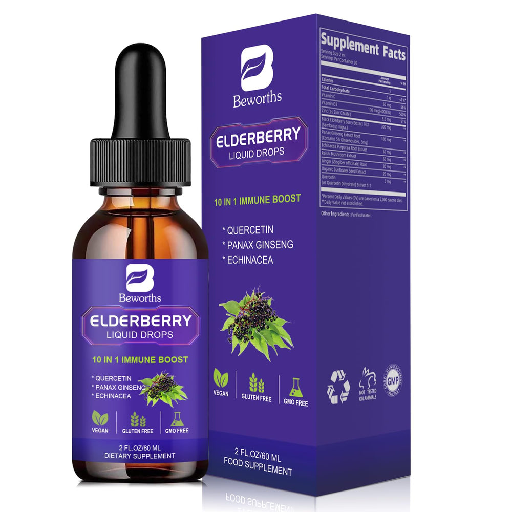 Bottle of B BEWORTHS Elderberry Syrup with Quercetin and Panax Ginseng