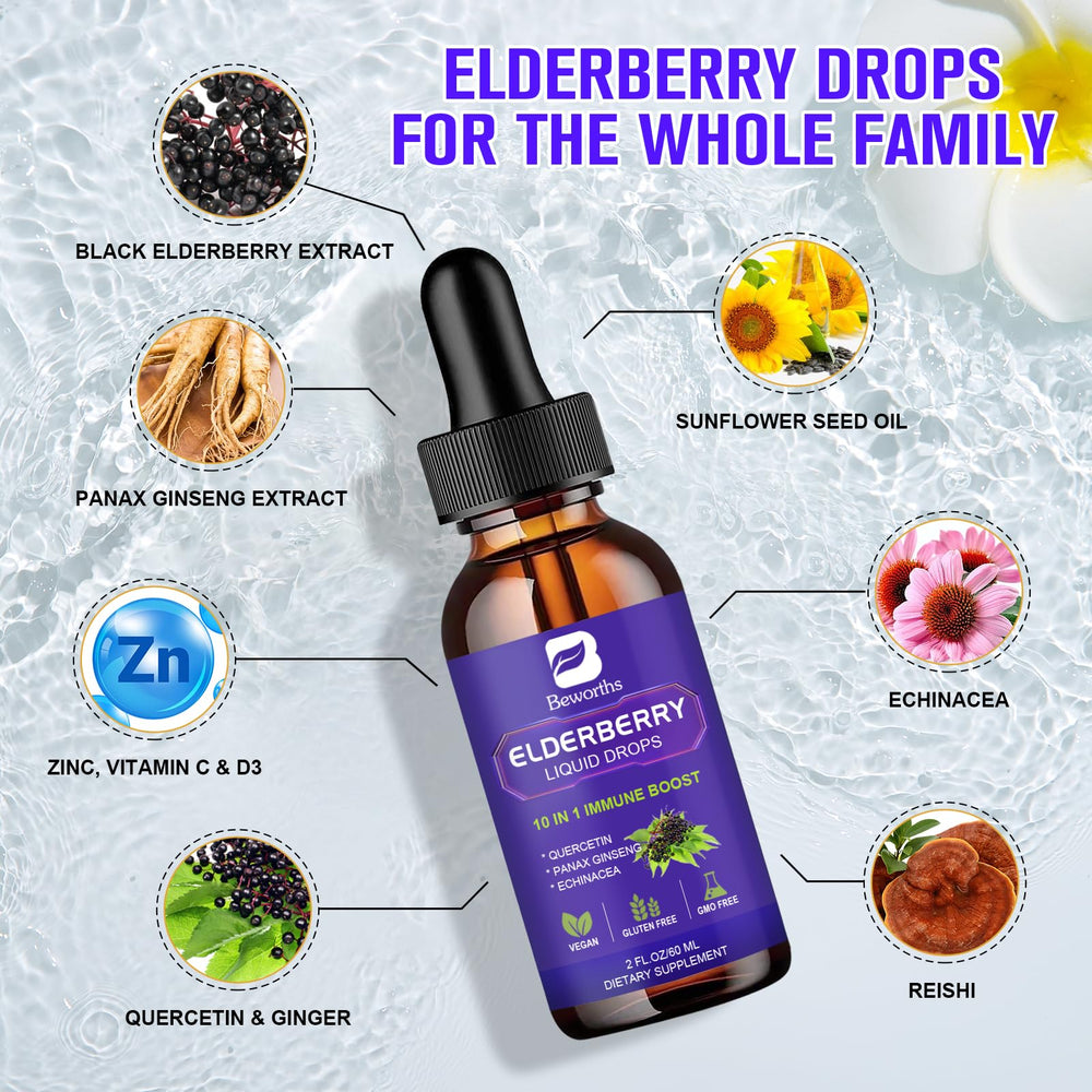 Ingredients panel showing organic black elderberry, quercetin, zinc, vitamins