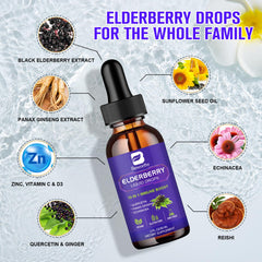 Ingredients panel showing organic black elderberry, quercetin, zinc, vitamins