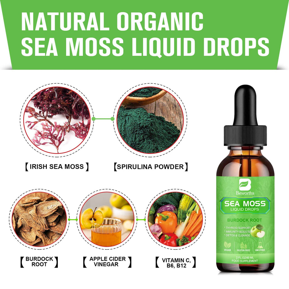 Organic Irish Sea Moss Drops packaging featuring burdock root, vitamin C and B12