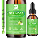 Bottle of B BEWORTHS Sea Moss Liquid Drops 2oz with Burdock Root and ACV on label