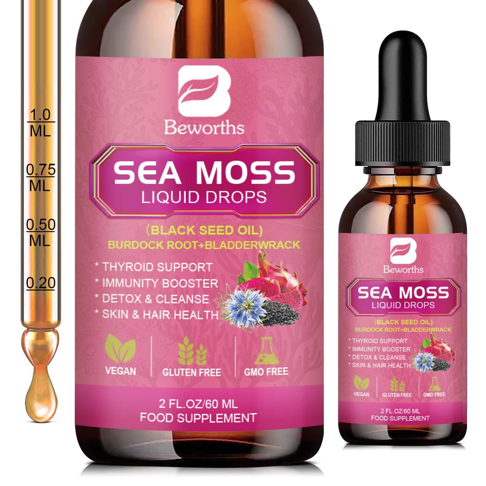 B BEWRTHS Sea Moss Drops bottle with Black Seed Oil label