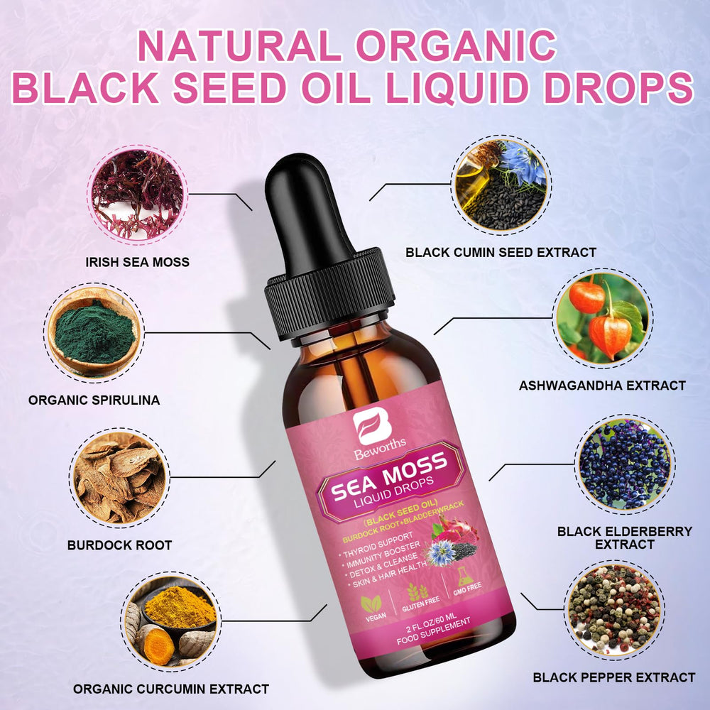 Close-up of Sea Moss Drops bottle with ingredients background