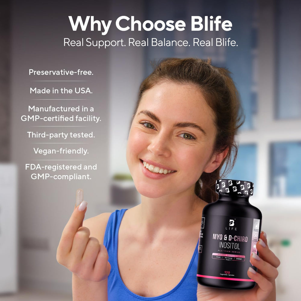 B Life Company label closeup displaying ingredient list and GMP quality reassurance