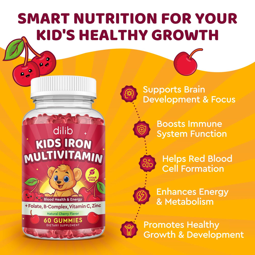 Illustration of Vitamin B complex and other nutrients in kids iron gummies