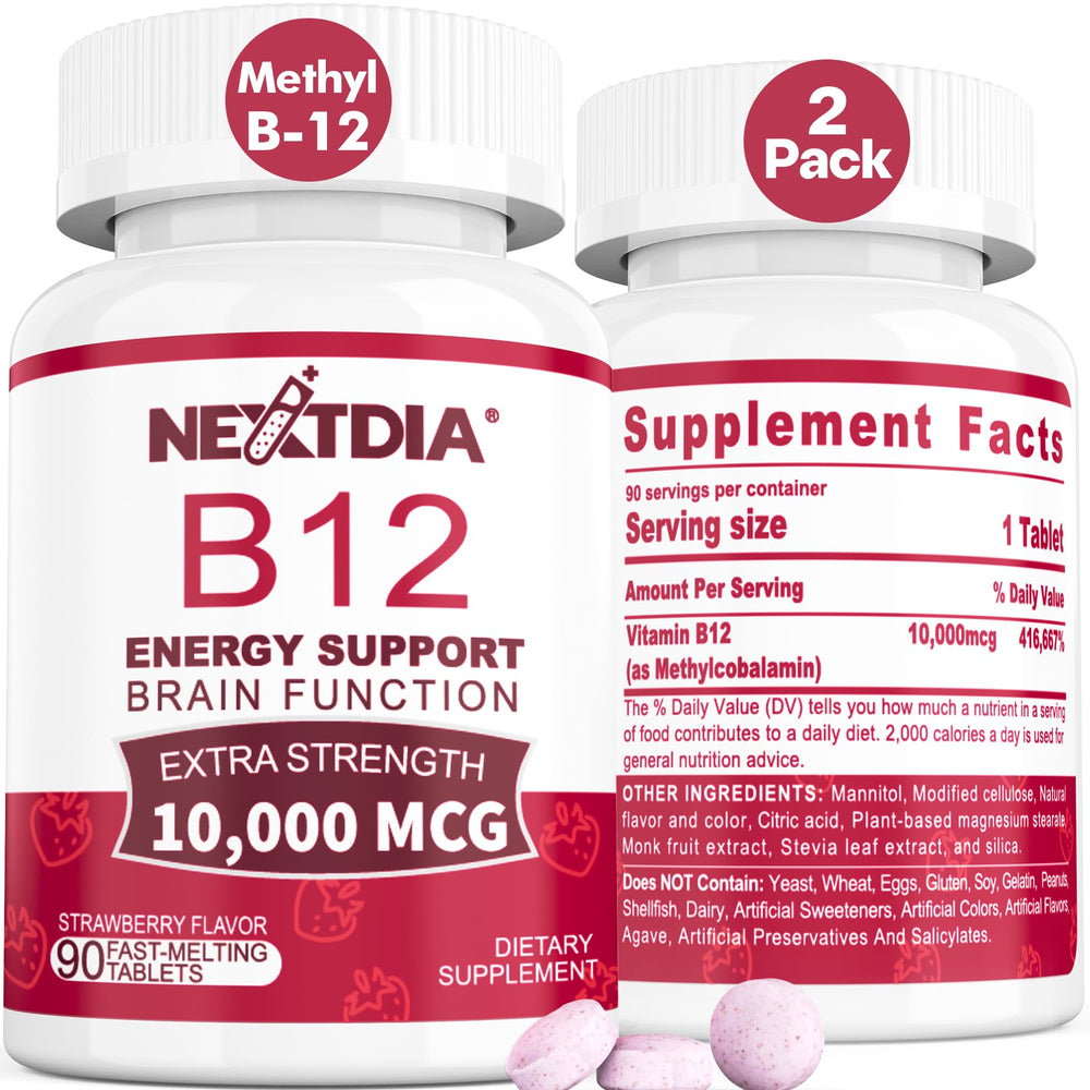 Bottle of B12 vitamins 10,000 mcg methylated sublingual with strawberry flavor