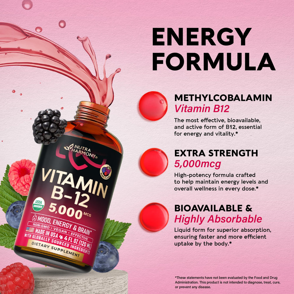 Berry flavor B12 drops energy, focus infographic