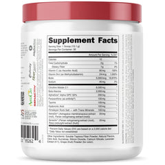 Close-up of label highlighting key ingredients: Citrulline, Beta-Alanine, Hyaluronic Acid, Biotin