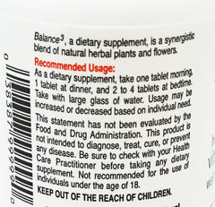 Balance 3 supplement bottle and tablets close-up