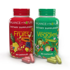 Balance of Nature Fruits Supplement ingredients including aloe vera, apple, banana, blueberry, cherry, cranberry