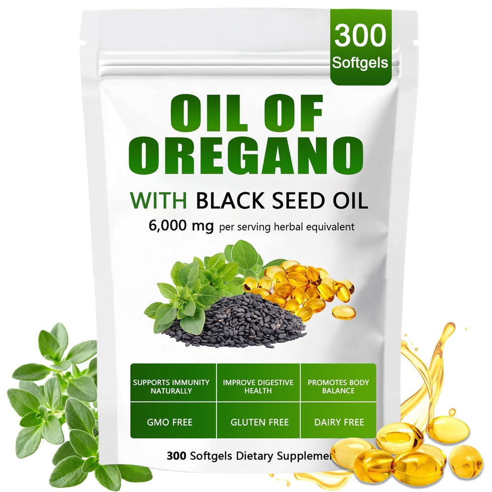 Bottle of balanced oregano oil with black seed oil softgels