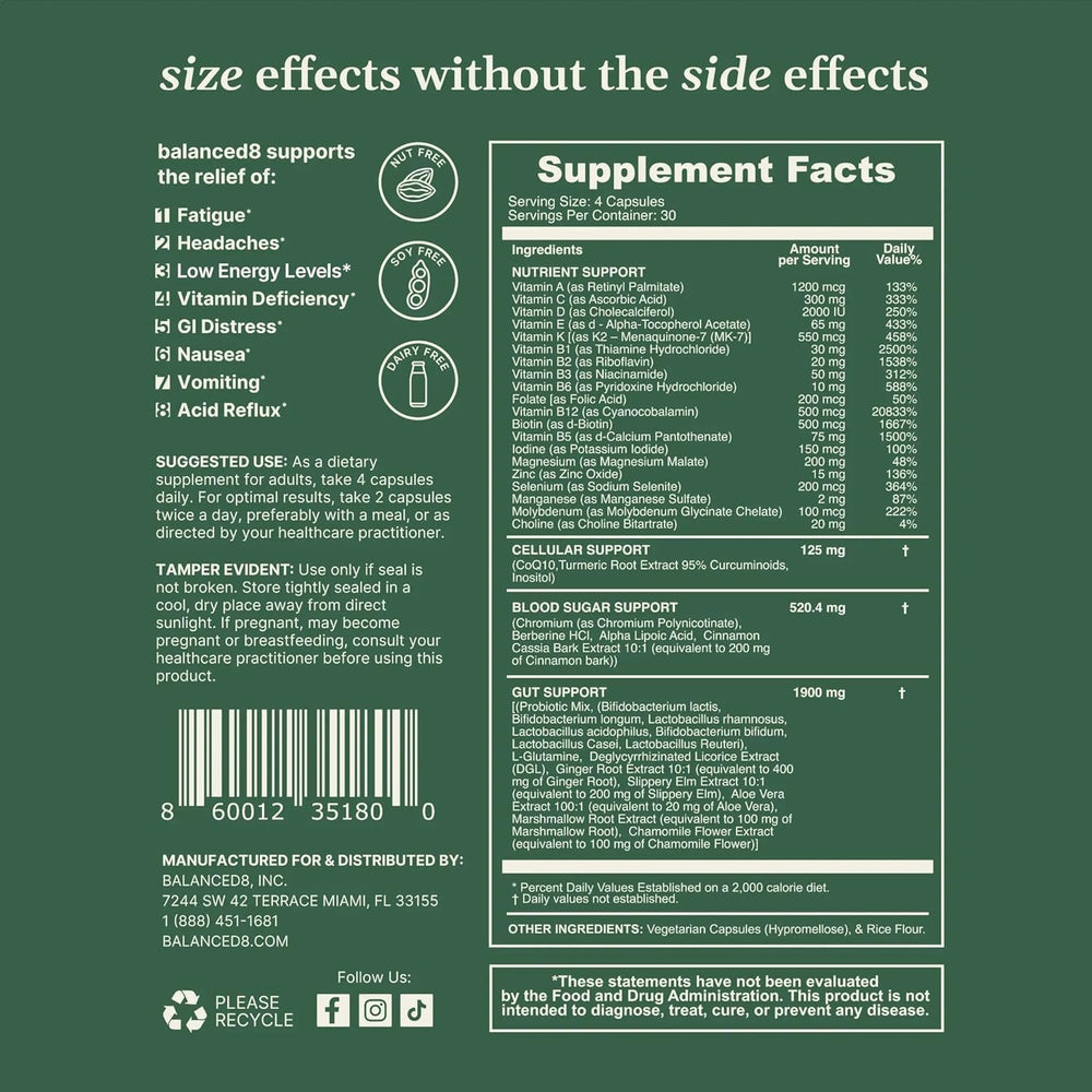 balanced8 GLP-1 capsules inside bottle showcase easy daily intake for appetite and digestion support