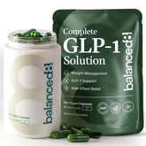 balanced8 GLP-1 supplement bottle closeup highlights convenient appetite support in a vegan formula