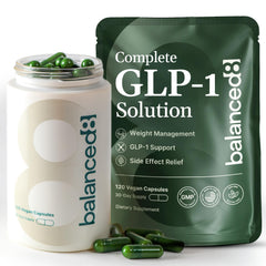 balanced8 GLP-1 supplement bottle closeup highlights convenient appetite support in a vegan formula