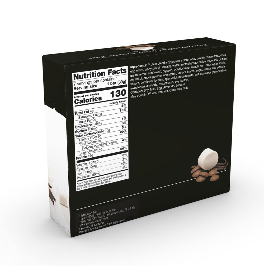 BalanceDiet Remix Vanilla Chocolate box with two bars highlights convenient low-carb protein snack.