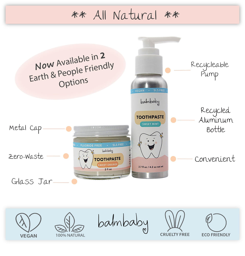 Close-up of BALM! Baby Kids Natural Fluoride Free Toothpaste orange pump bottle