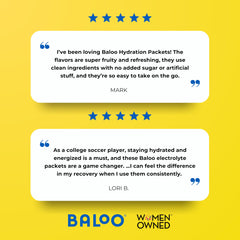 Baloo electrolytes 30ct packaging supports on-the-go hydration anywhere.