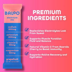 Baloo electrolyte powder scoop beside grapefruit packets for easy use.