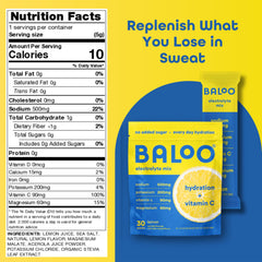 Baloo electrolytes grapefruit packet beside a glass of water for sugar-free hydration.