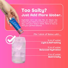 Baloo grapefruit packets beside a glass ready for daily hydration.