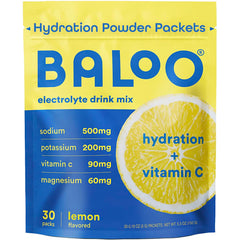 Baloo electrolytes lemon packet closeup for clean hydration and refreshing taste.