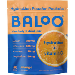 Baloo electrolytes orange packets for on-the-go hydration with real fruit flavor.