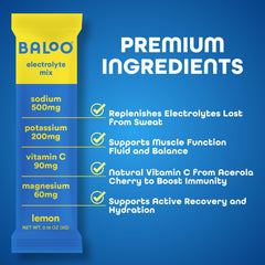 Baloo electrolytes powder stirred into water demonstrates quick, balanced hydration.