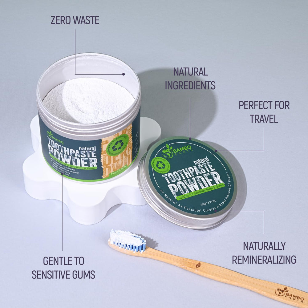 Zero-waste packaging detail of BAMBOEARTH toothpaste powder